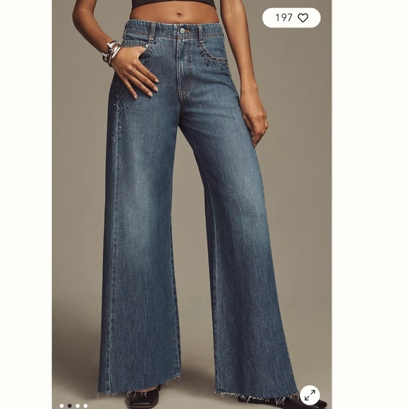 Pilcro The Adi Mid Rise Frayed Relaxed Flare Jeans Decorated Edition - Picture 1 of 10